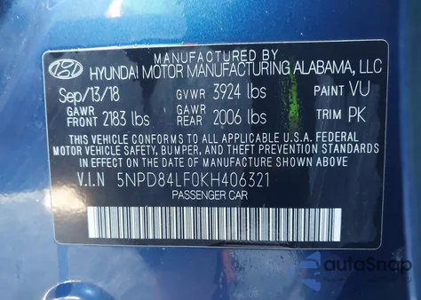2019 Hyundai Elantra Sel from USA, damaged, VIN 5NPD84LF0KH406321